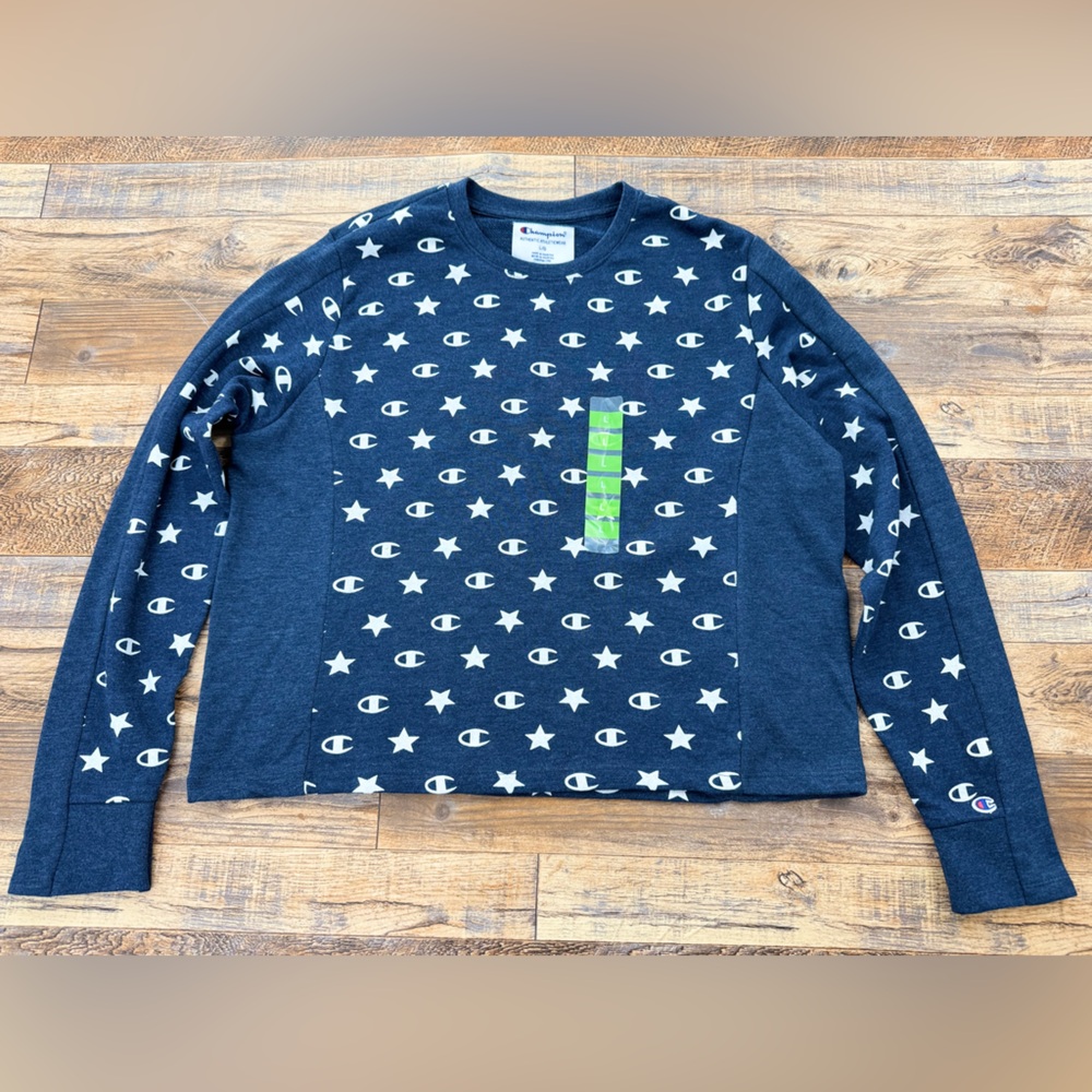 Champion Women's Blue All Over Stars and Logo Long Sleeve Pullover Tee, Size L